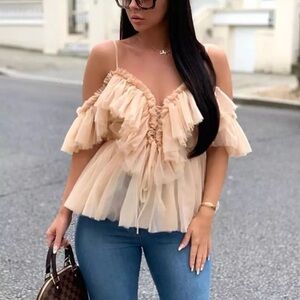 🆕 Women's Off Shoulder Sexy Ruffle Deep V neck Blouse Shirt Lace Up Top NWT